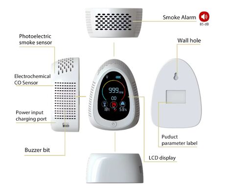 İyi bir fiyat. GZAIR PT03 5-in-1 Air Quality Monitor - CO/Smoke/Temp/Humidity Detection, WiFi Connectivity, Wall-Mounted/Desktop Dual Installation çevrimiçi